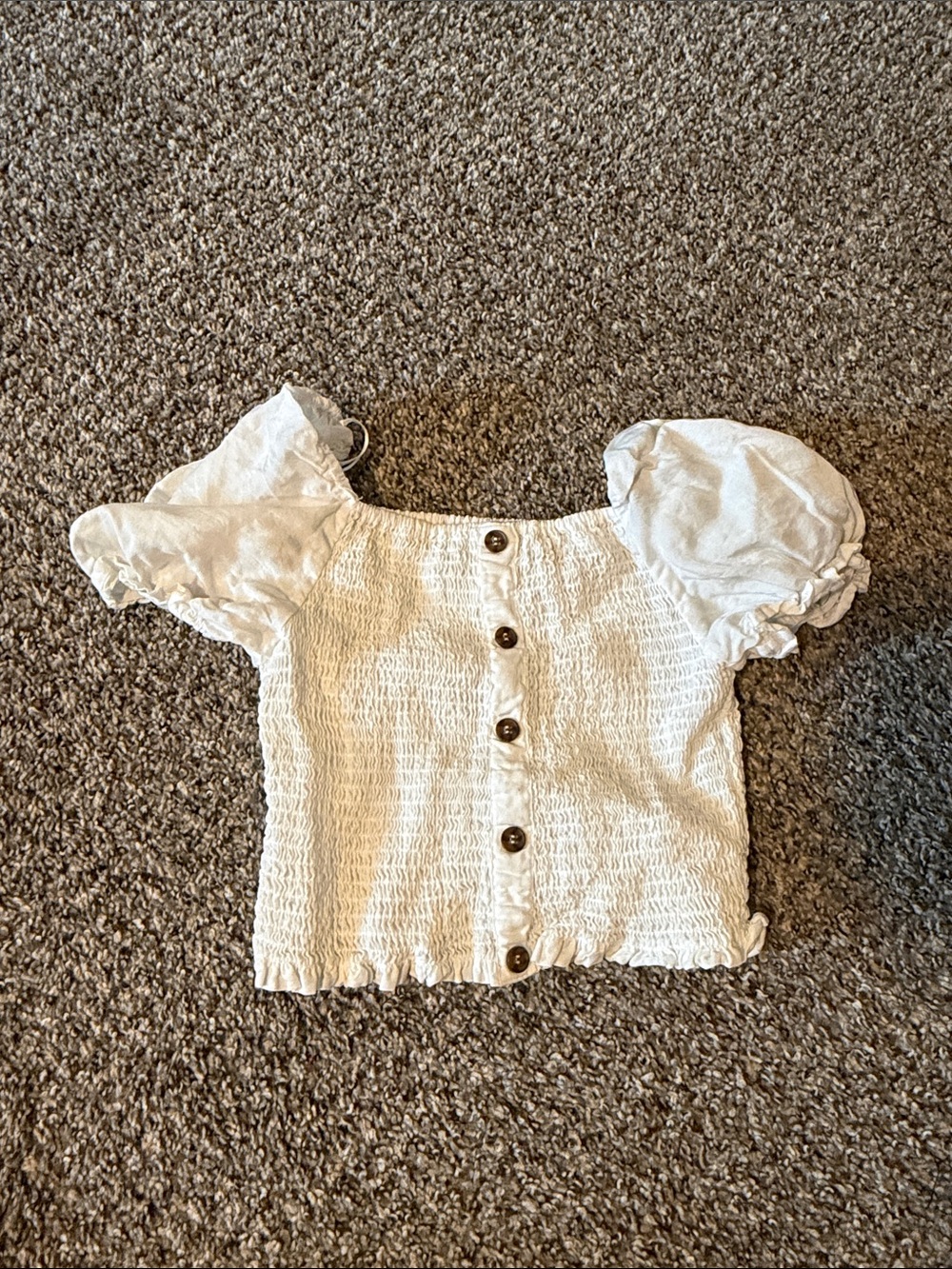 White Smocked Puff-Sleeve Button Front Top